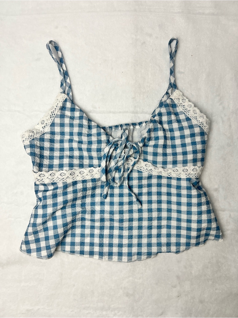 Blue Gingham Lace Trim Tie Front Cami Top Coquette Cottagecore Y2K Size Small